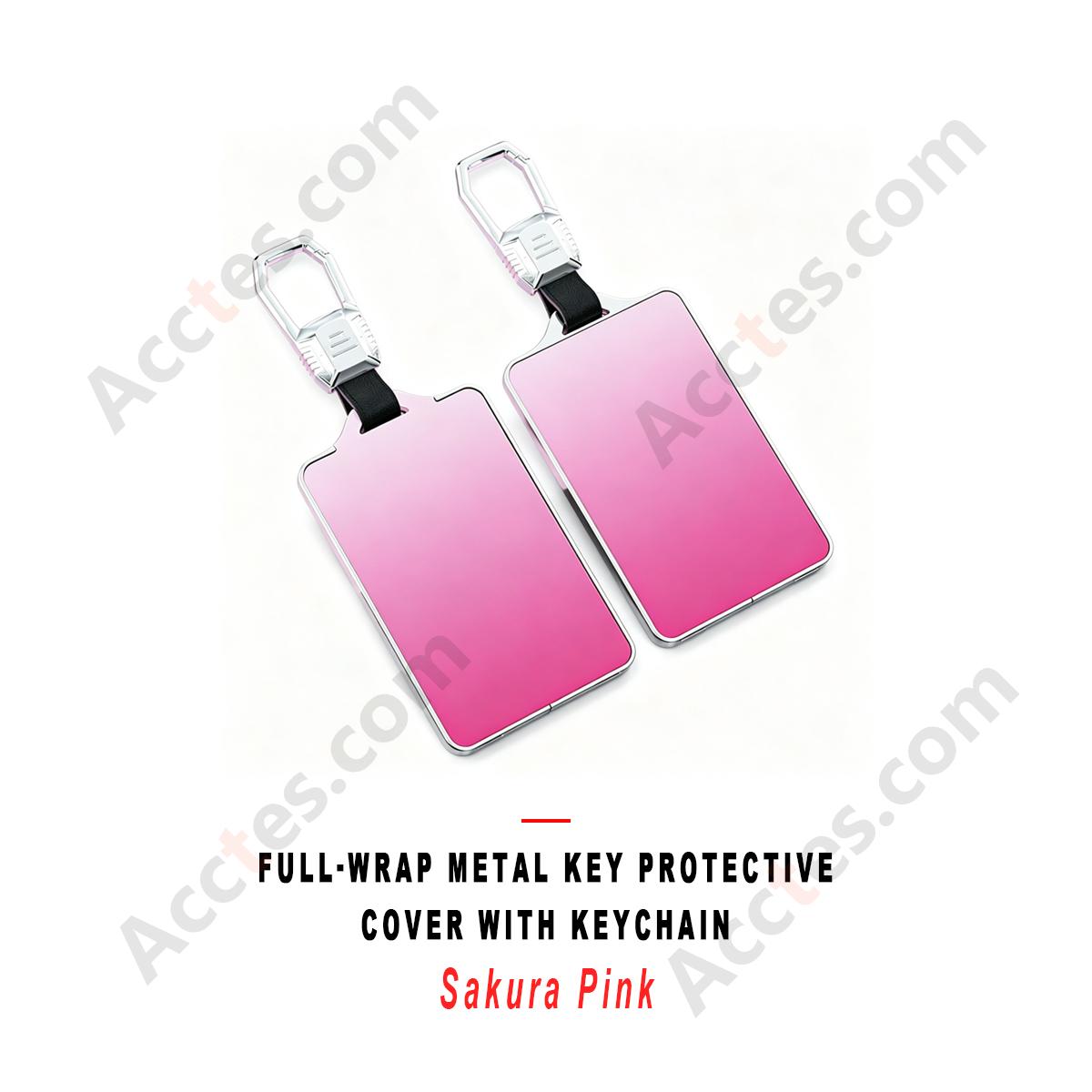Sakura‑Pink Full Wrap Metal Key Case Cover With Keychain Ring Decorative Key Protector