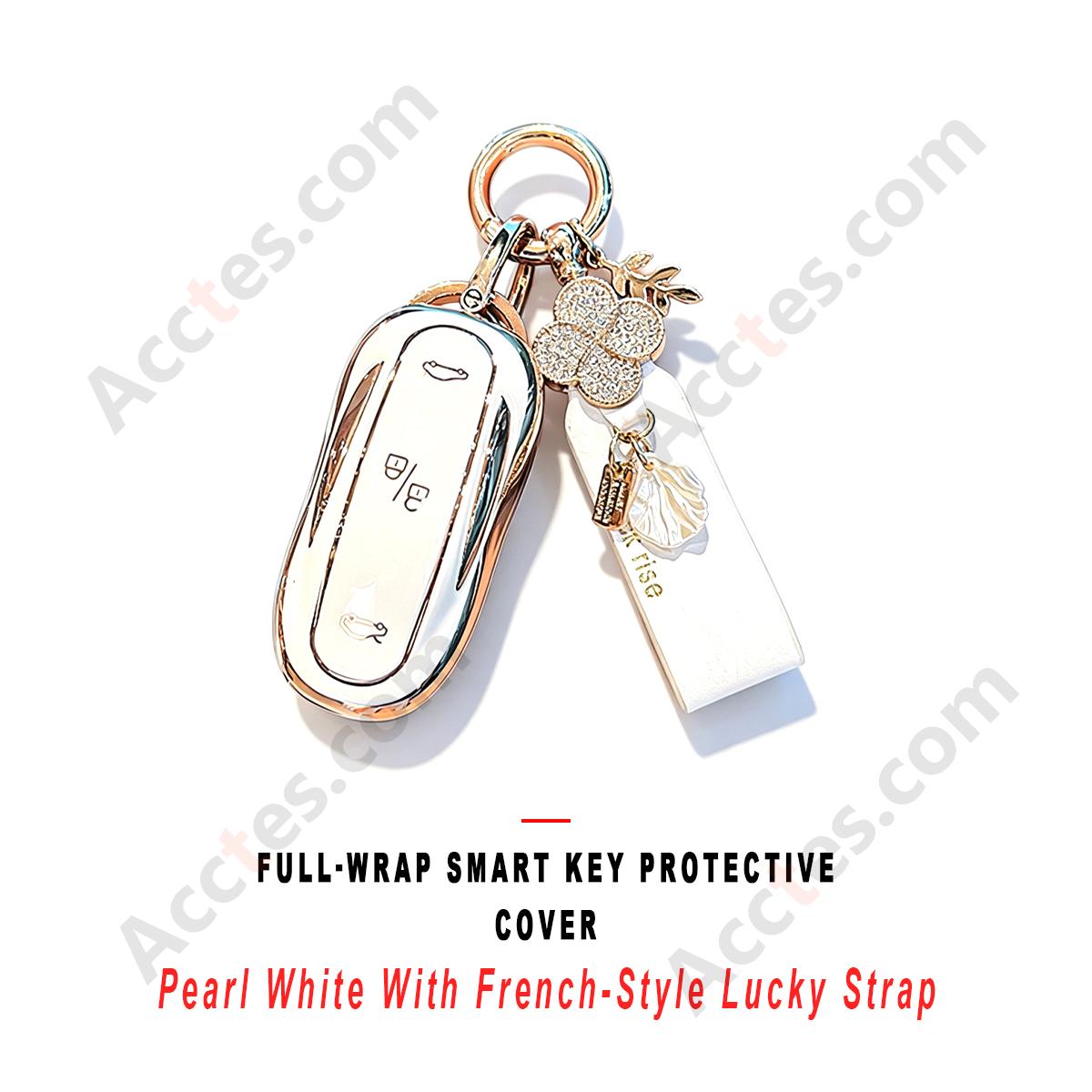 Pearl‑White Full Wrap Smart Key Protective Case With French‑Style Lucky Decor Strap