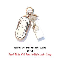 Pearl‑White Full Wrap Smart Key Protective Case With French‑Style Lucky Decor Strap