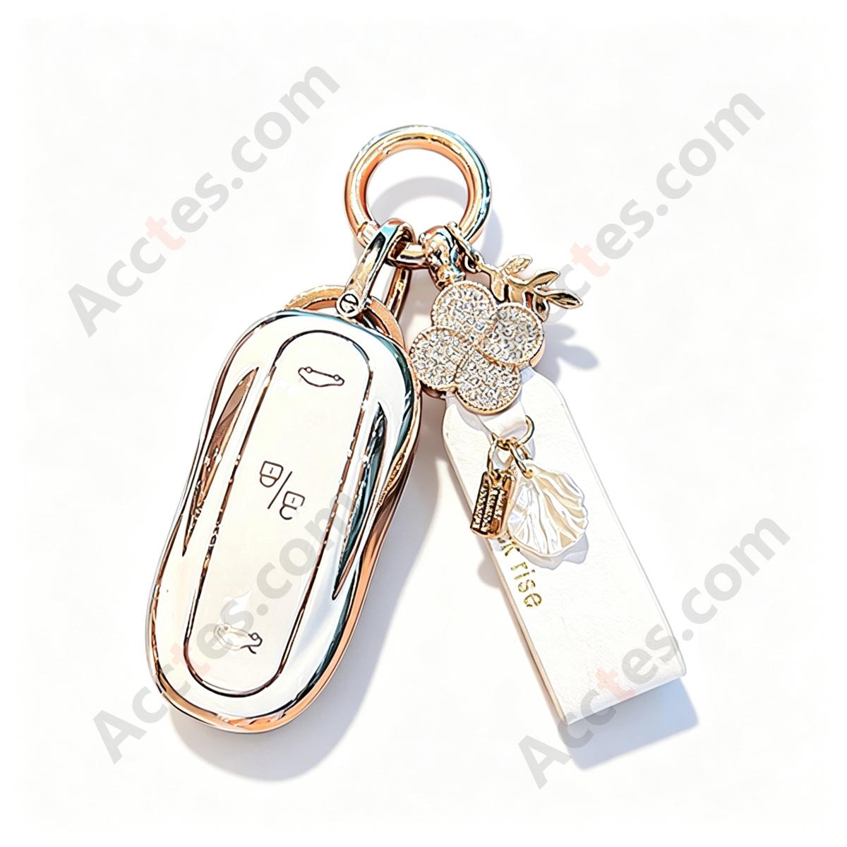 Pearl‑White Full Wrap Smart Key Protective Case With French‑Style Lucky Decor Strap