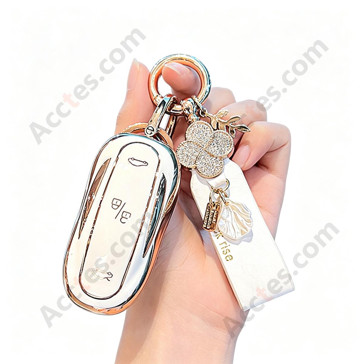Pearl‑White Full Wrap Smart Key Protective Case With French‑Style Lucky Decor Strap