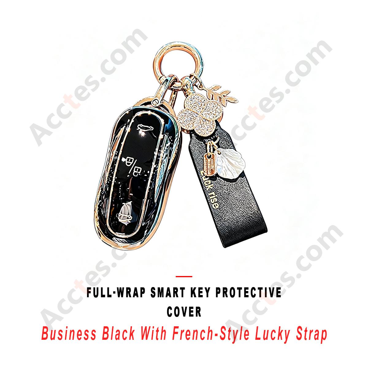 Business‑Black Full Wrap Smart Key Protective Case With French‑Style Lucky Decor Strap