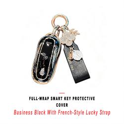 Business‑Black Full Wrap Smart Key Protective Case With French‑Style Lucky Decor Strap