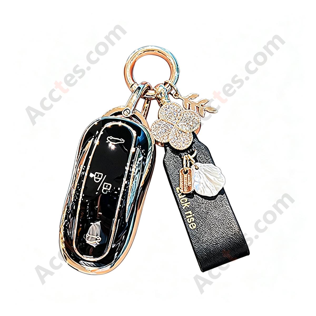 Business‑Black Full Wrap Smart Key Protective Case With French‑Style Lucky Decor Strap