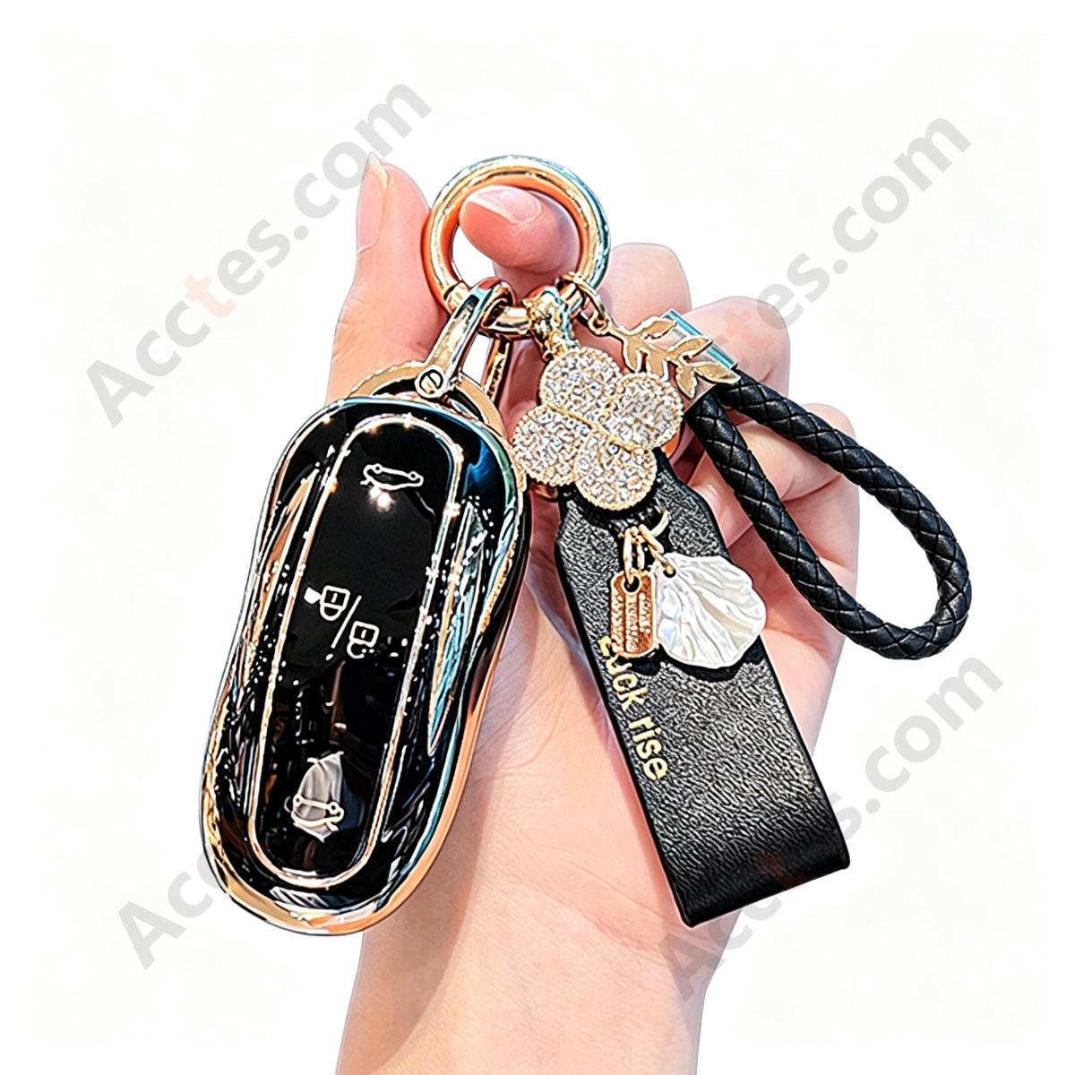 Business‑Black Full Wrap Smart Key Protective Case With French‑Style Lucky Decor Strap