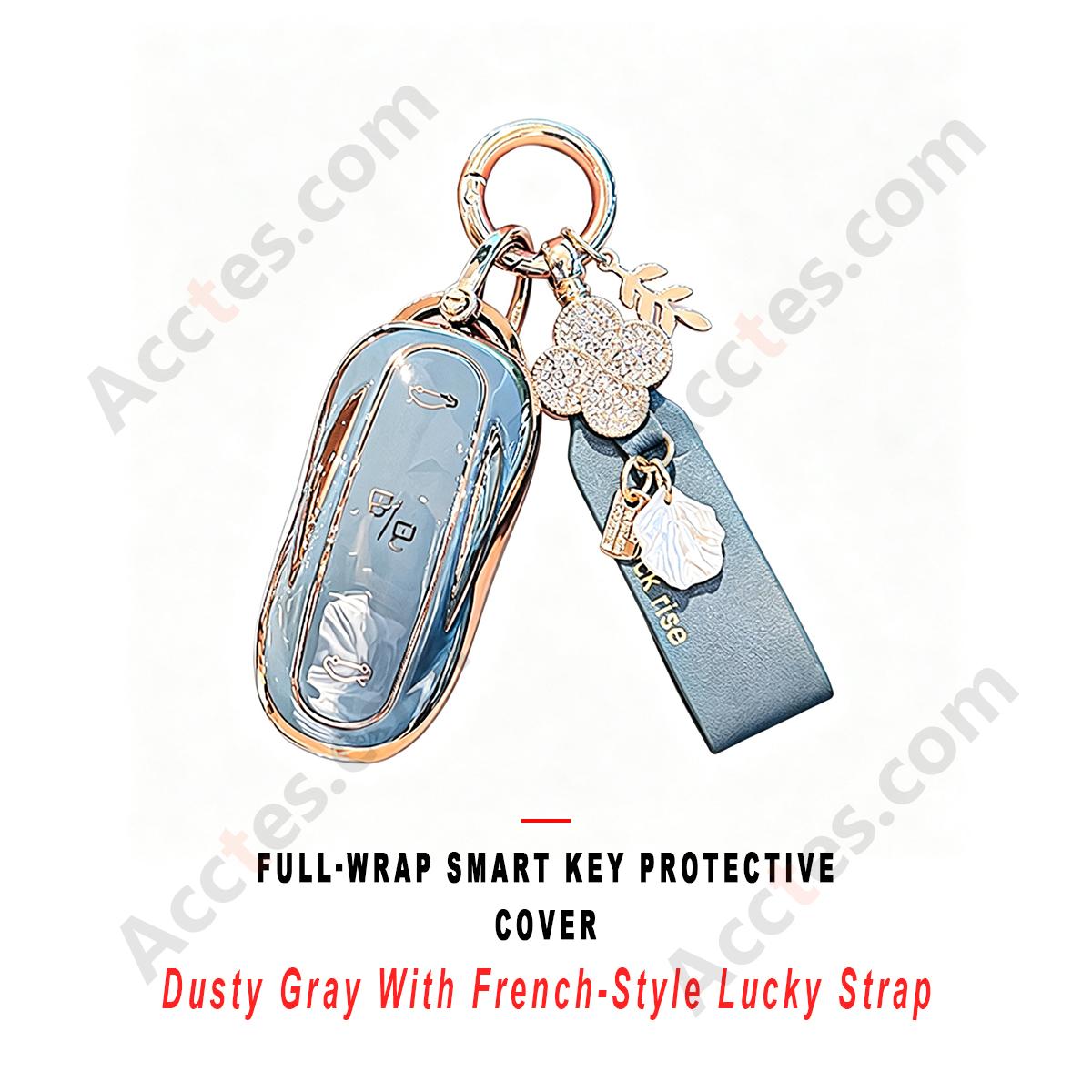 Dusty‑Gray Full Wrap Smart Key Protective Case With French‑Style Lucky Decor Strap