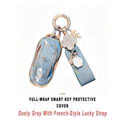 Dusty‑Gray Full Wrap Smart Key Protective Case With French‑Style Lucky Decor Strap