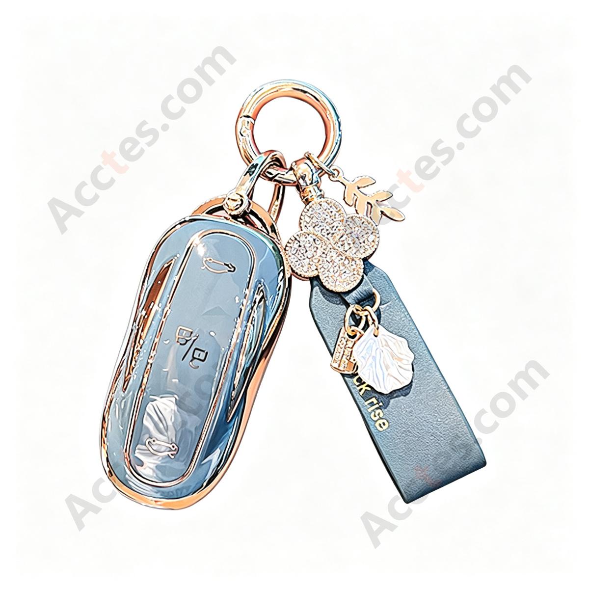 Dusty‑Gray Full Wrap Smart Key Protective Case With French‑Style Lucky Decor Strap