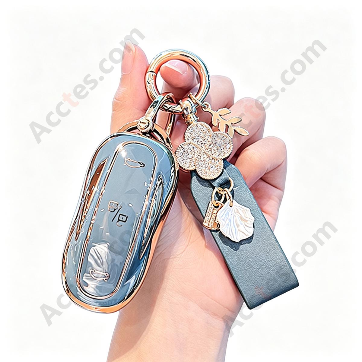 Dusty‑Gray Full Wrap Smart Key Protective Case With French‑Style Lucky Decor Strap