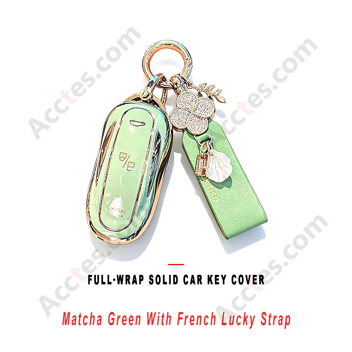 Matcha Green Full‑Wrap Solid Car Key Cover With French Lucky Strap Anti‑Drop Anti‑Scratch Key Shell
