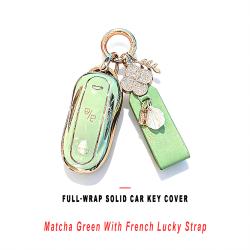 Matcha Green Full‑Wrap Solid Car Key Cover With French Lucky Strap Anti‑Drop Anti‑Scratch Key Shell