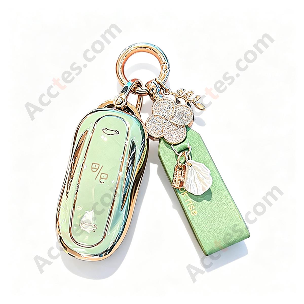 Matcha Green Full‑Wrap Solid Car Key Cover With French Lucky Strap Anti‑Drop Anti‑Scratch Key Shell
