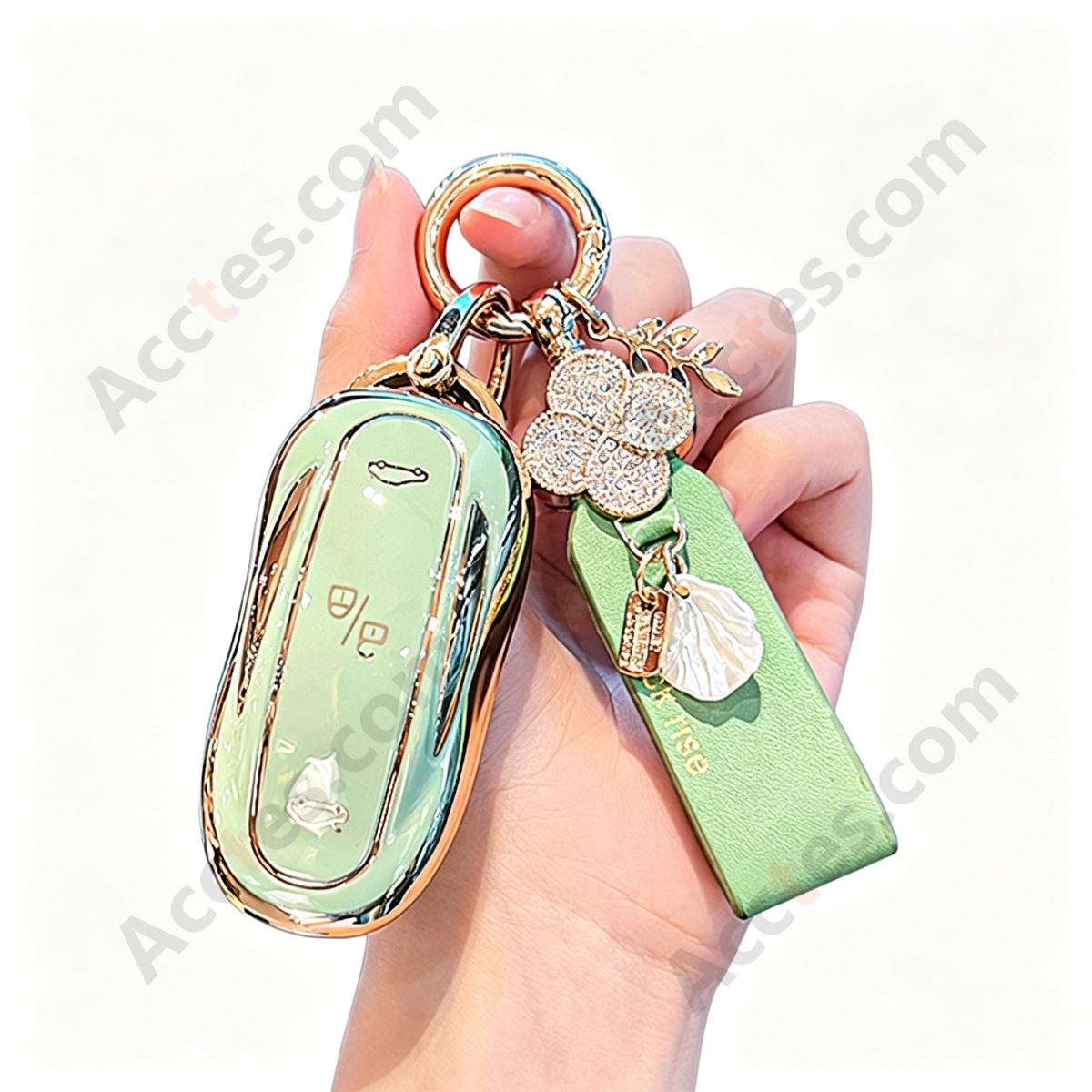 Matcha Green Full‑Wrap Solid Car Key Cover With French Lucky Strap Anti‑Drop Anti‑Scratch Key Shell