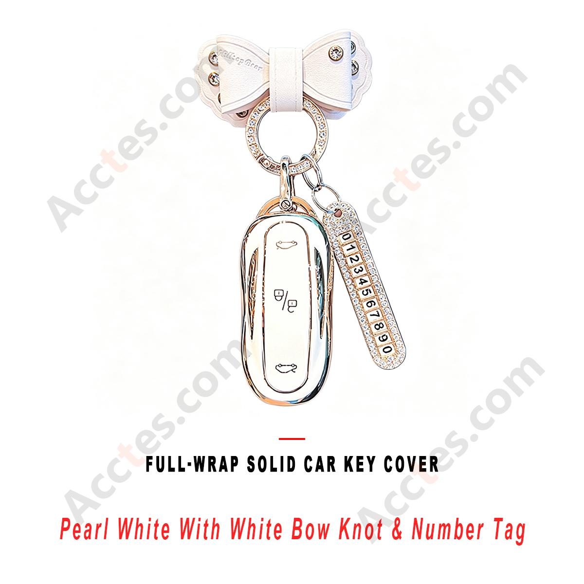 Pearl White Full‑Wrap Solid Car Key Shell With White Bow Knot And Number Tag Anti‑Scratch Key Cover