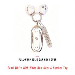 Pearl White Full‑Wrap Solid Car Key Shell With White Bow Knot And Number Tag Anti‑Scratch Key Cover