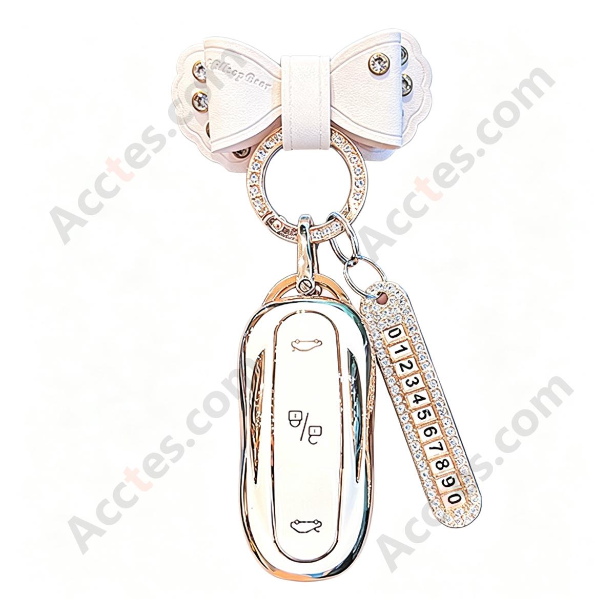 Pearl White Full‑Wrap Solid Car Key Shell With White Bow Knot And Number Tag Anti‑Scratch Key Cover