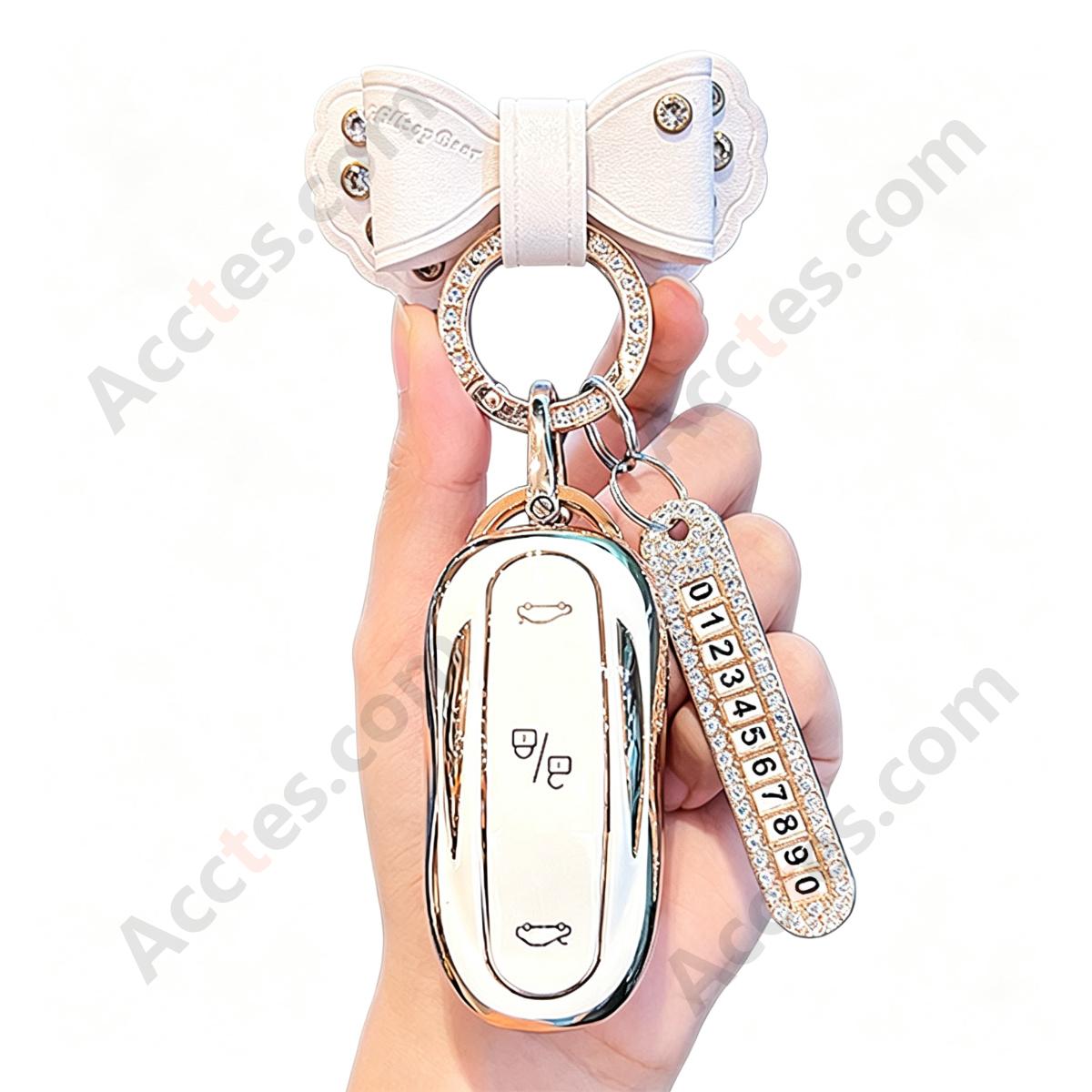 Pearl White Full‑Wrap Solid Car Key Shell With White Bow Knot And Number Tag Anti‑Scratch Key Cover