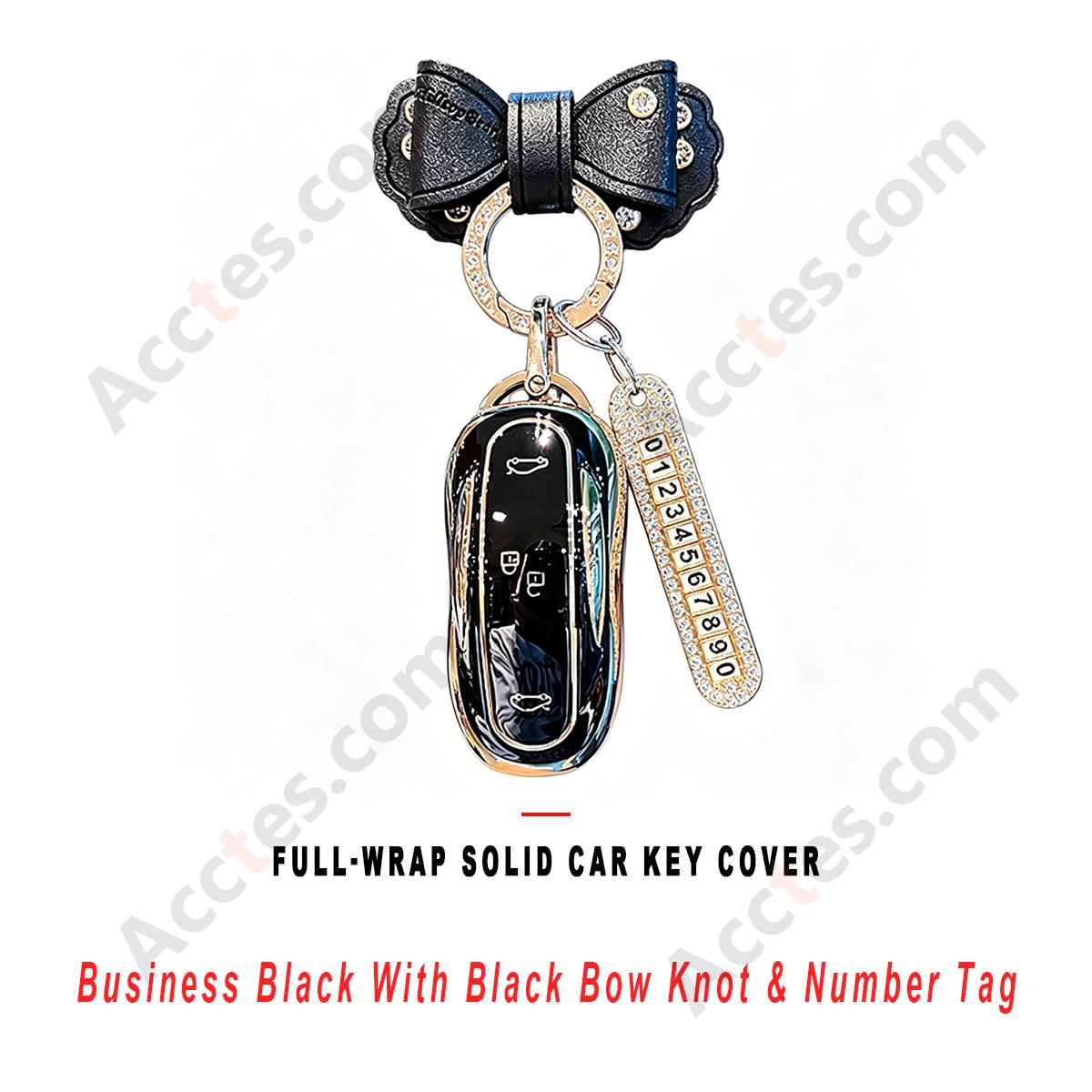 Business Black Full‑Wrap Solid Car Key Shell With Black Bow Knot And Number Tag Anti‑Wear Key Protector