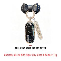 Business Black Full‑Wrap Solid Car Key Shell With Black Bow Knot And Number Tag Anti‑Wear Key Protector