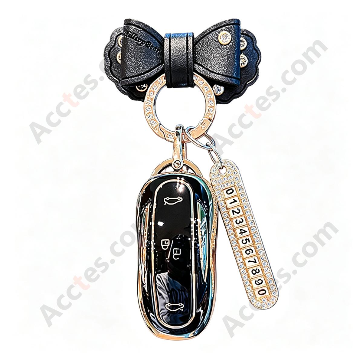 Business Black Full‑Wrap Solid Car Key Shell With Black Bow Knot And Number Tag Anti‑Wear Key Protector