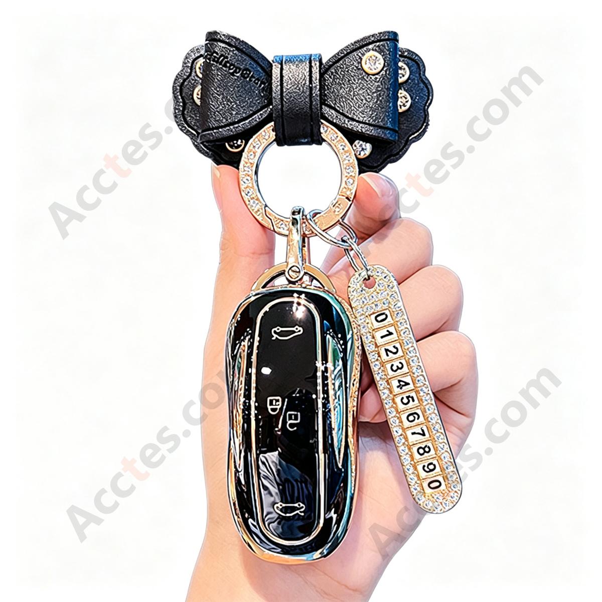 Business Black Full‑Wrap Solid Car Key Shell With Black Bow Knot And Number Tag Anti‑Wear Key Protector