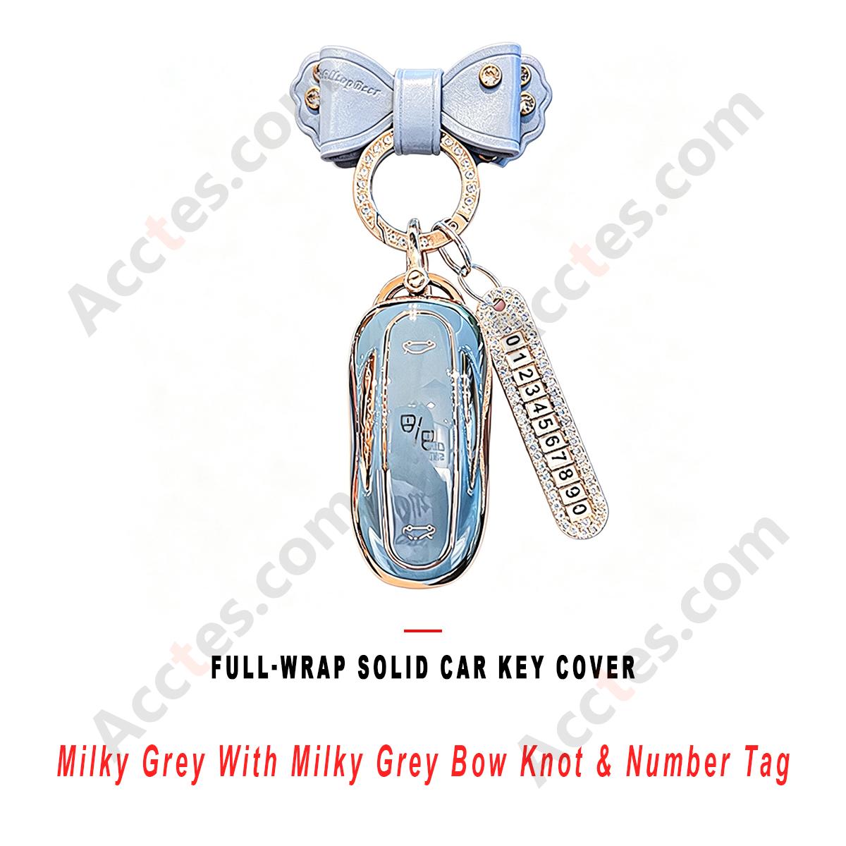 Milky Grey Full‑Wrap Solid Car Key Shell With Milky Grey Bow Knot And Number Tag Anti‑Dust Key Cover