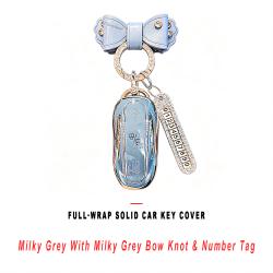 Milky Grey Full‑Wrap Solid Car Key Shell With Milky Grey Bow Knot And Number Tag Anti‑Dust Key Cover
