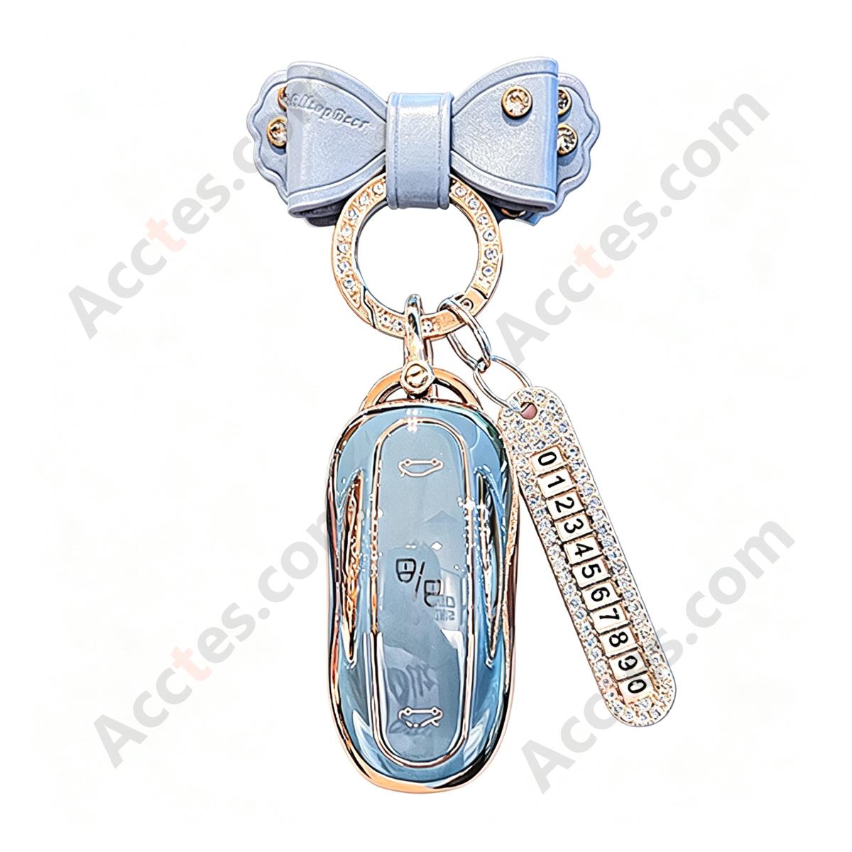 Milky Grey Full‑Wrap Solid Car Key Shell With Milky Grey Bow Knot And Number Tag Anti‑Dust Key Cover