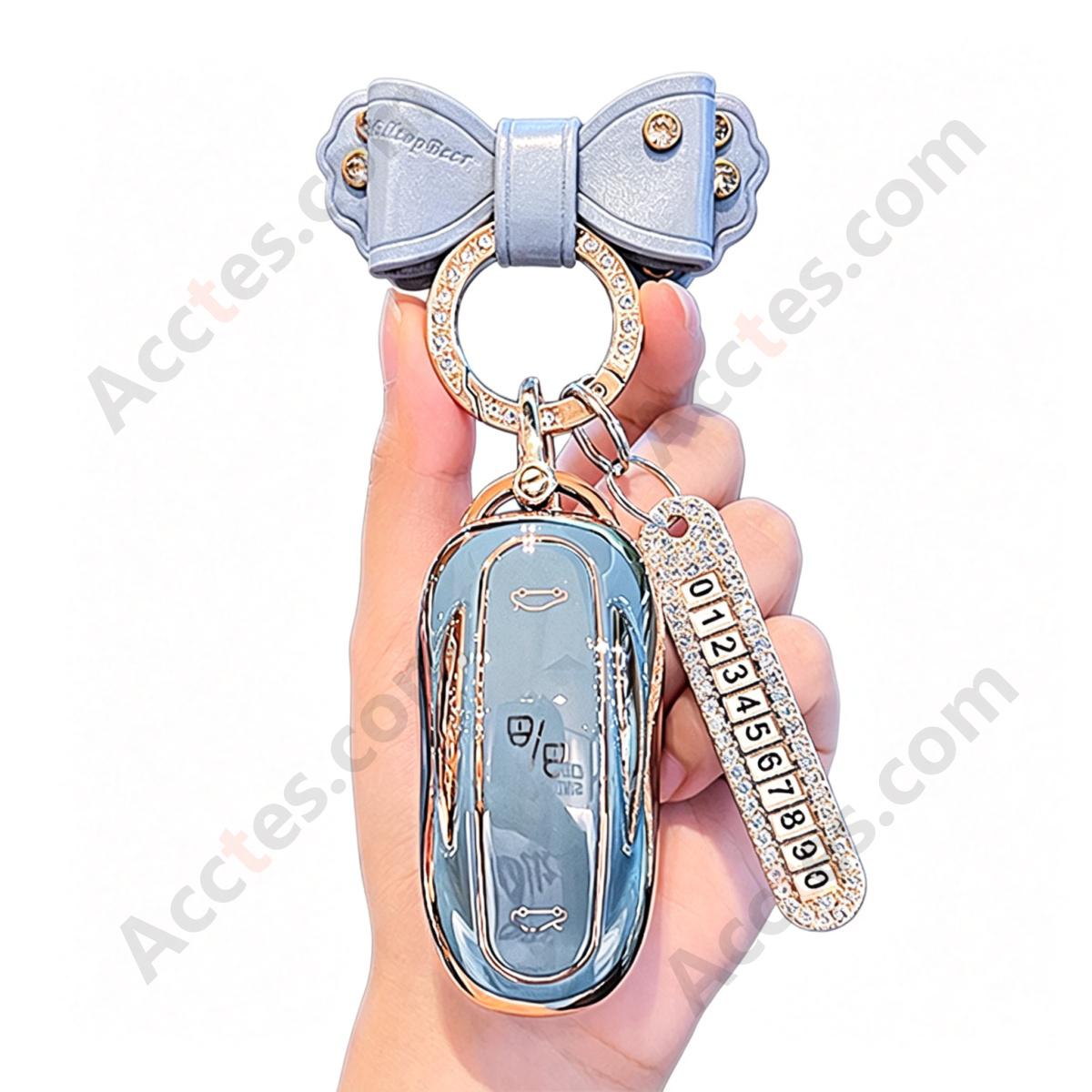 Milky Grey Full‑Wrap Solid Car Key Shell With Milky Grey Bow Knot And Number Tag Anti‑Dust Key Cover