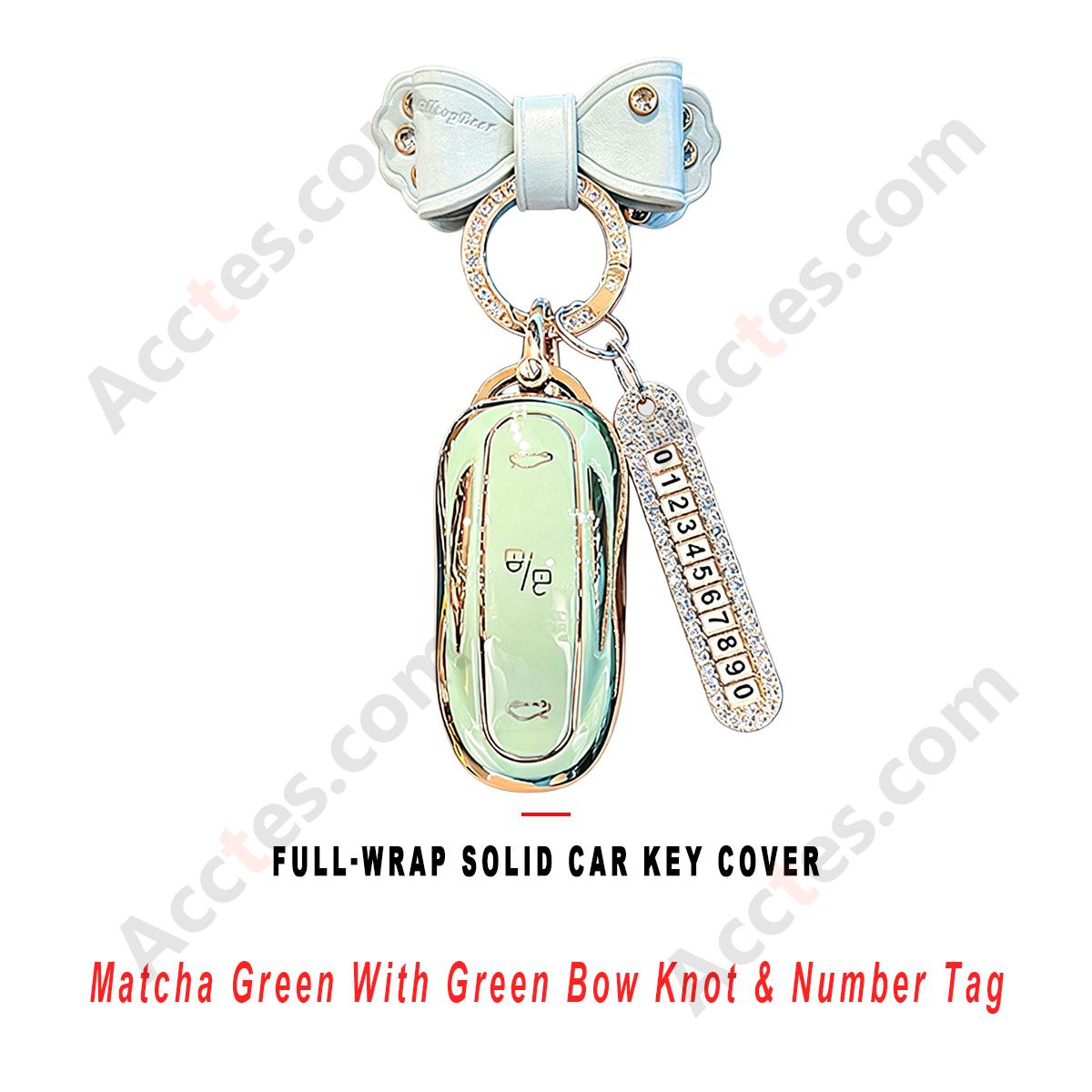 Matcha Green Full‑Wrap Solid Car Key Shell With Green Bow Knot And Number Tag Anti‑Scratch Key Sleeve