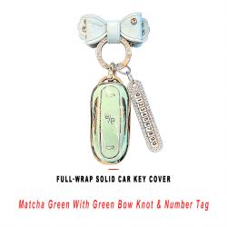 Matcha Green Full‑Wrap Solid Car Key Shell With Green Bow Knot And Number Tag Anti‑Scratch Key Sleeve