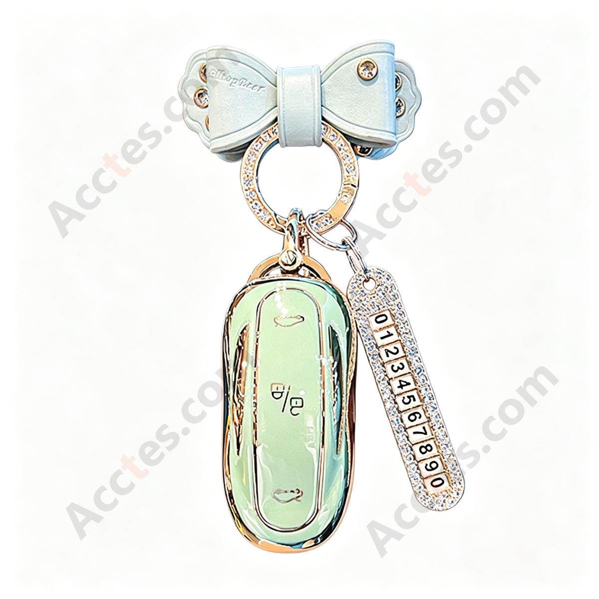 Matcha Green Full‑Wrap Solid Car Key Shell With Green Bow Knot And Number Tag Anti‑Scratch Key Sleeve
