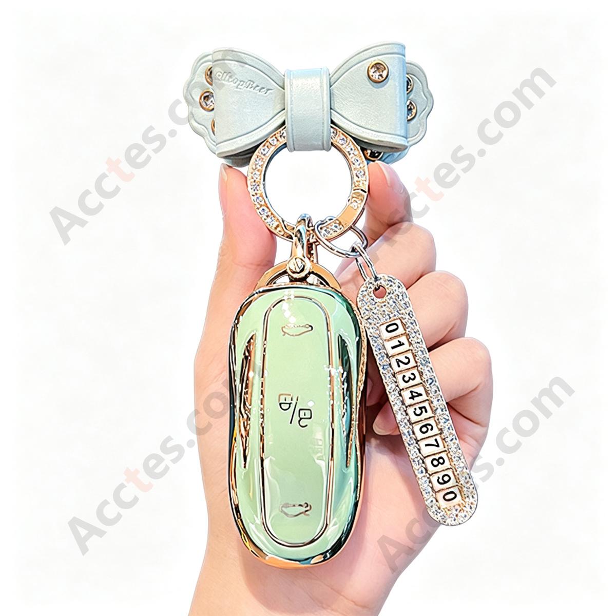 Matcha Green Full‑Wrap Solid Car Key Shell With Green Bow Knot And Number Tag Anti‑Scratch Key Sleeve