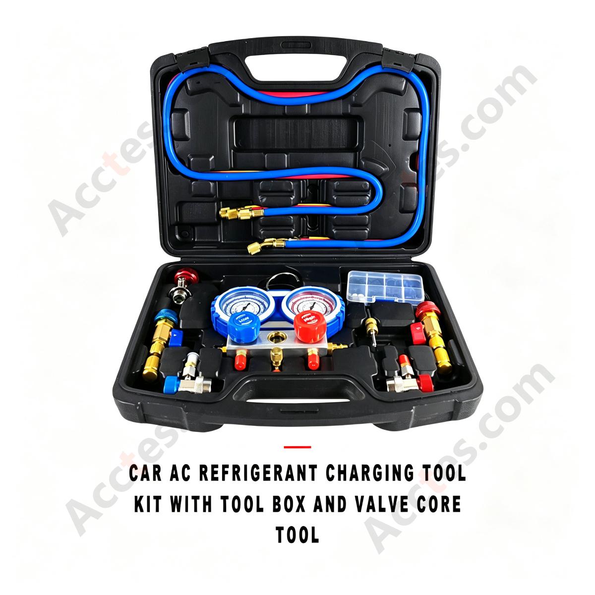 Automotive AC Refrigerant Charging Tool Kit With Tool Box And Valve Core Remover