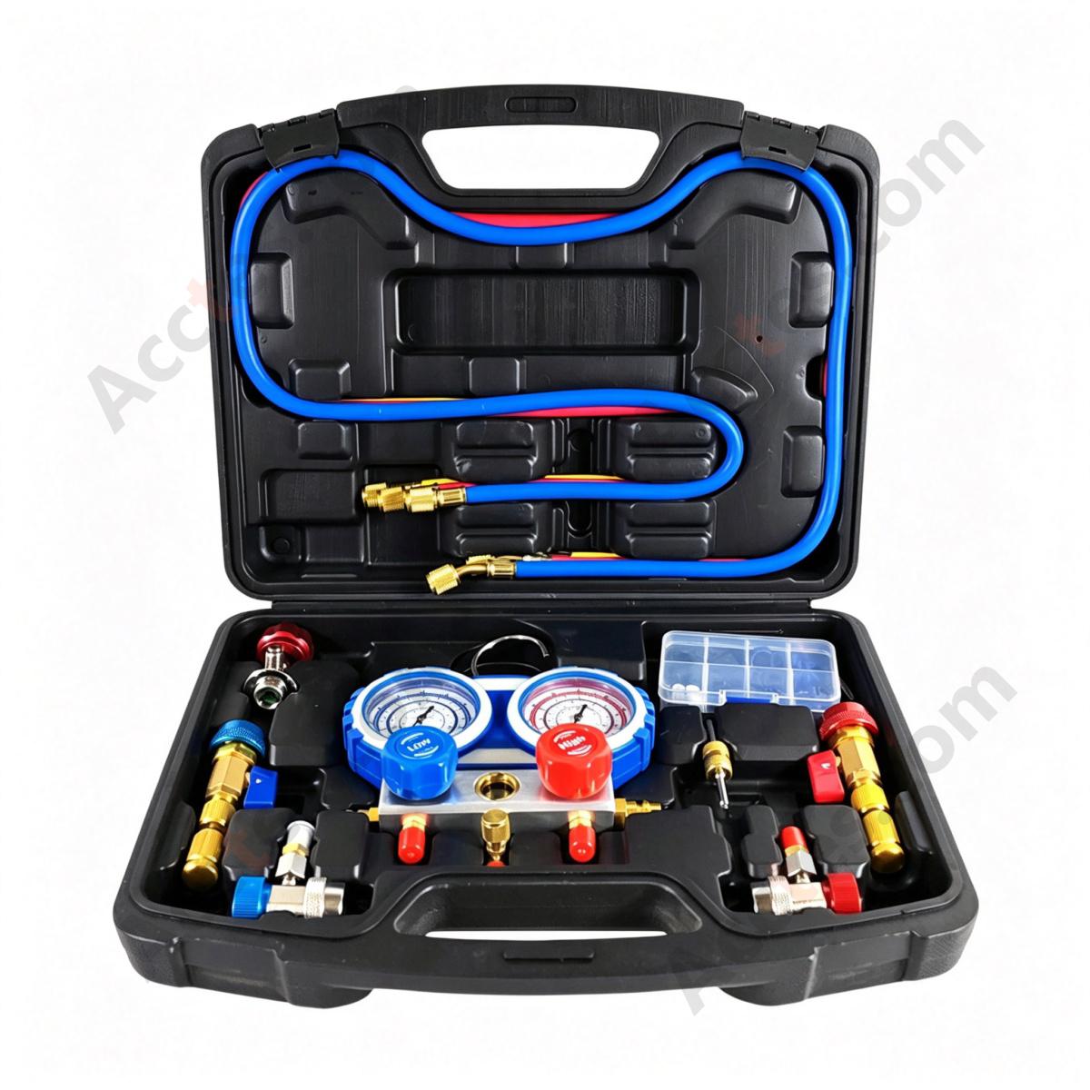 Automotive AC Refrigerant Charging Tool Kit With Tool Box And Valve Core Remover