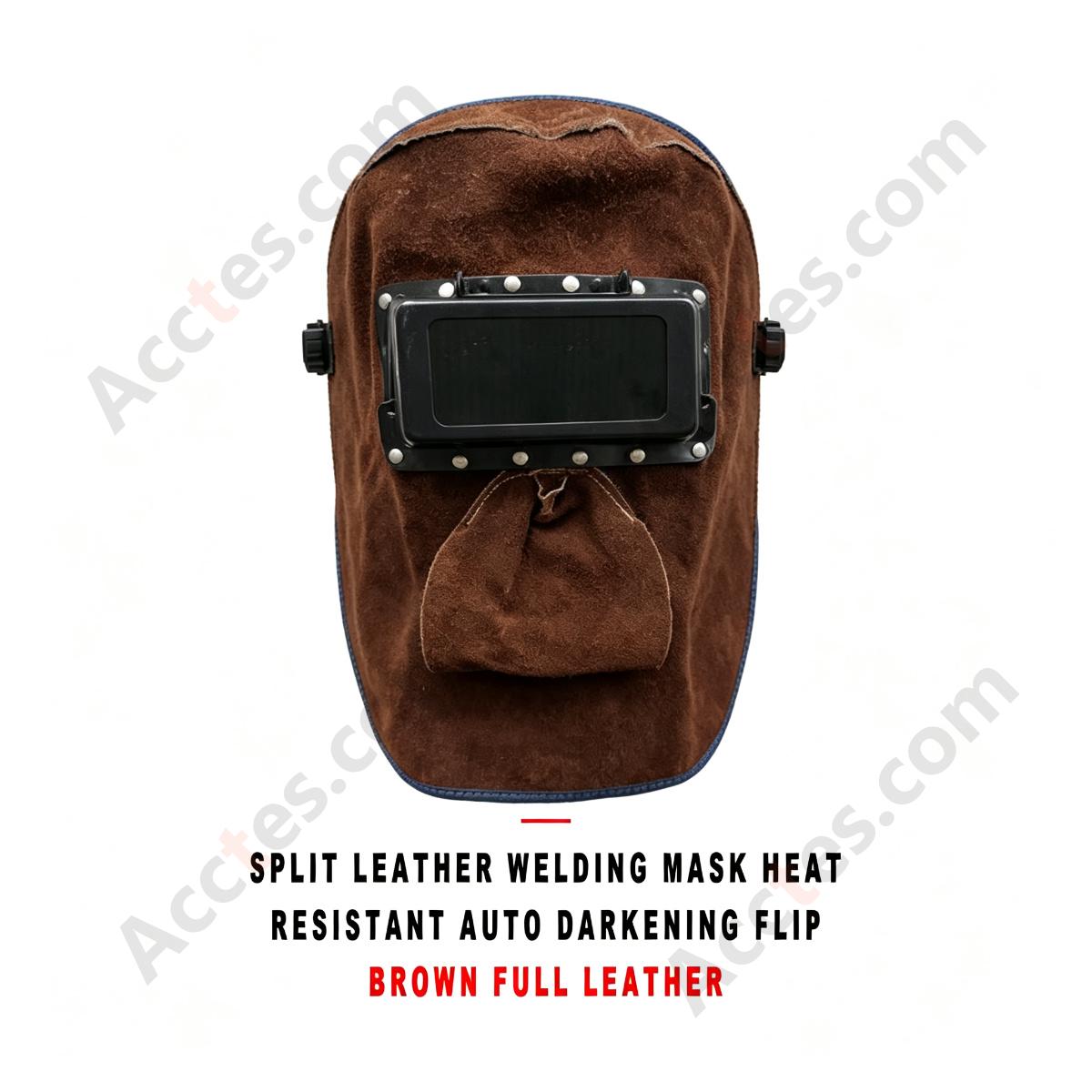 Split Cowhide Leather Welding Mask Heat Resistant Auto Darkening Flip Up Brown Full Leather