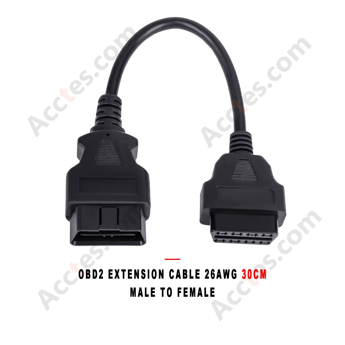 OBD2 Extension Cable 26AWG 30cm Male to Female for Diagnostic Scanner Code Reader