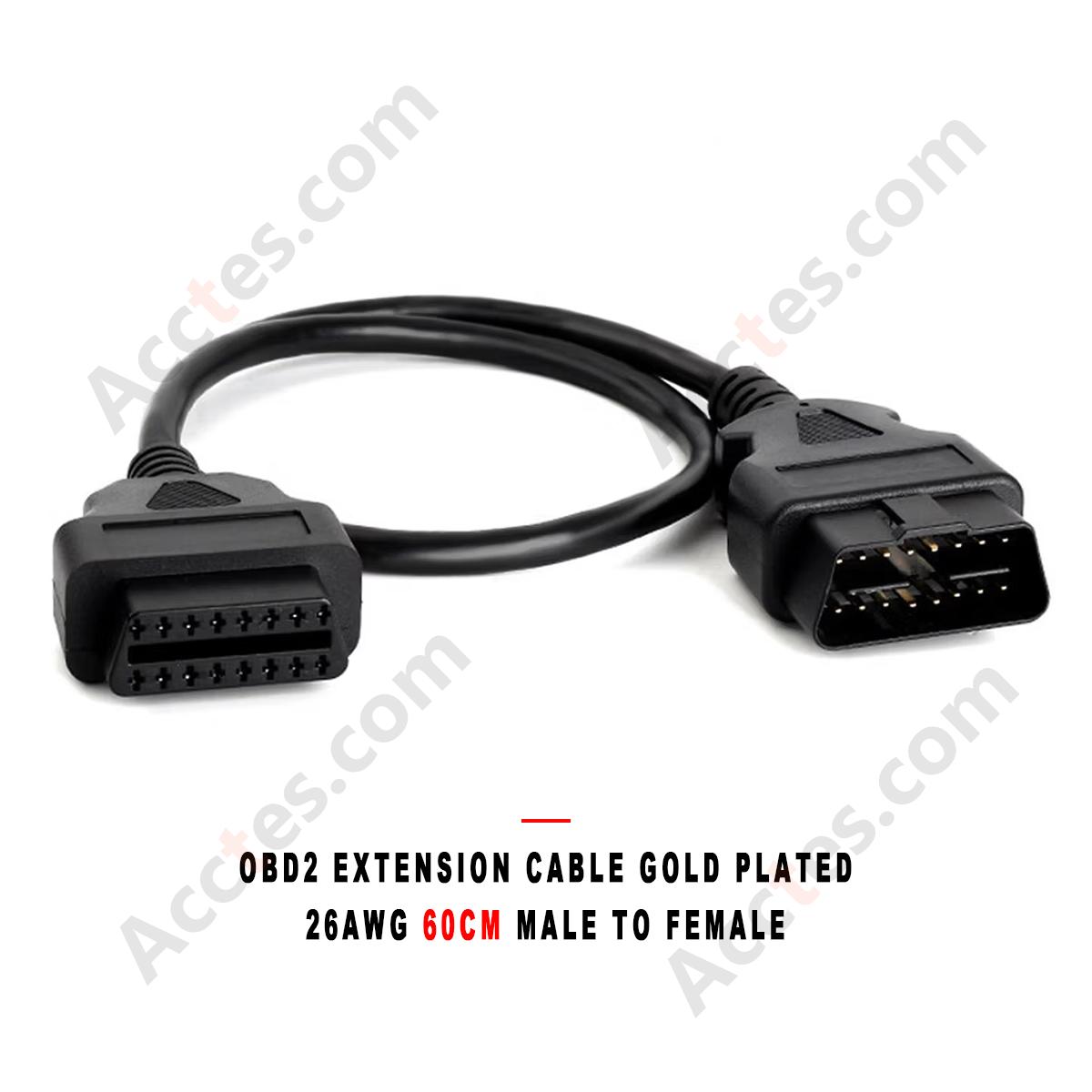 OBD2 Extension Cable Gold Plated Pins 26AWG 60cm Male to Female for Diagnostic Scanner