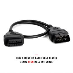 OBD2 Extension Cable Gold Plated Pins 26AWG 60cm Male to Female for Diagnostic Scanner