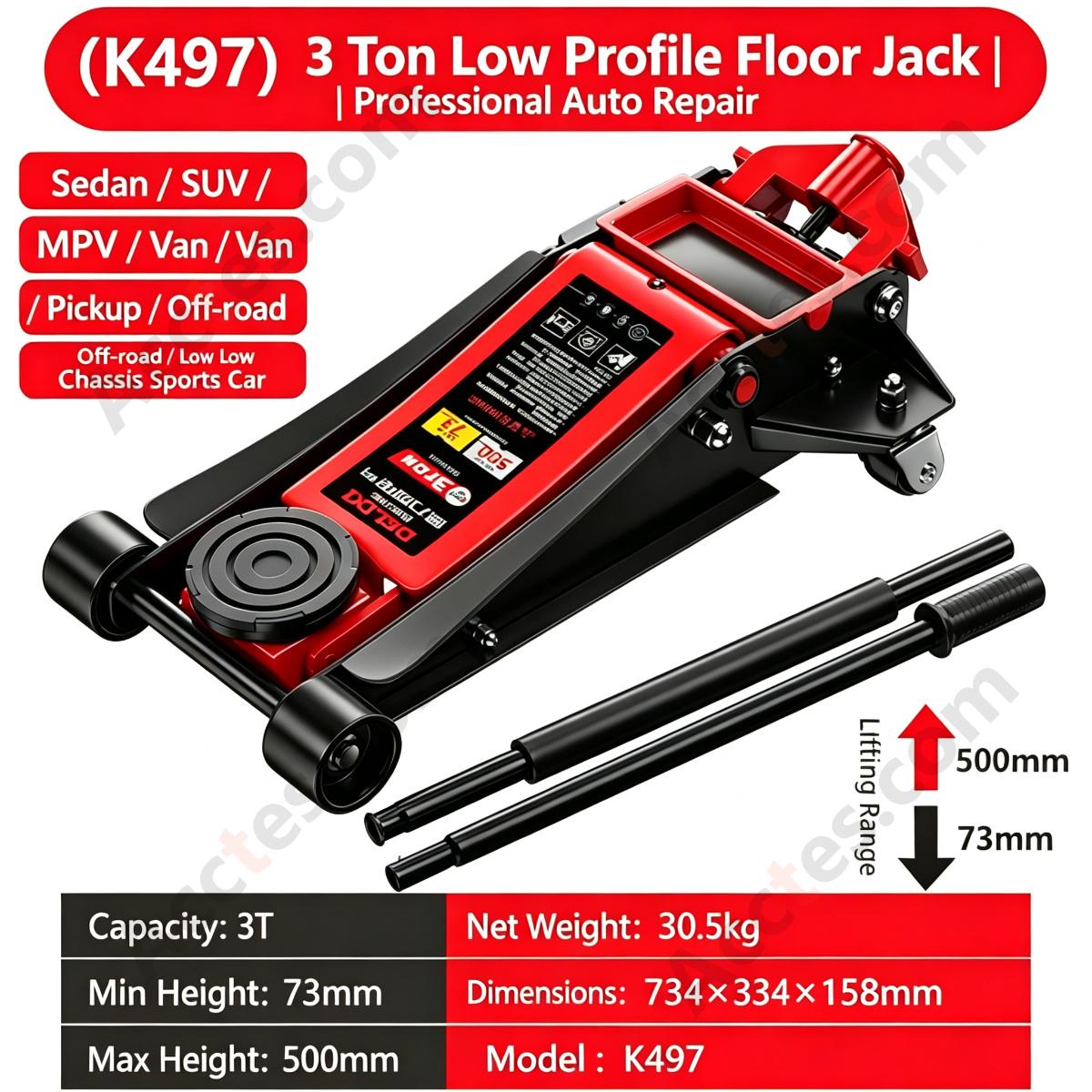 Hydraulic Floor Jack 3 Ton 500mm Low Profile Heavy Duty for Car Repair