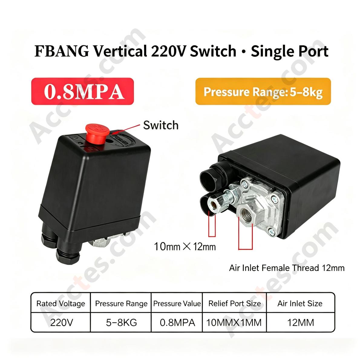 Universal Air Compressor Pressure Switch Vertical Single Port 10x1 Thread 8KG Pressure Control