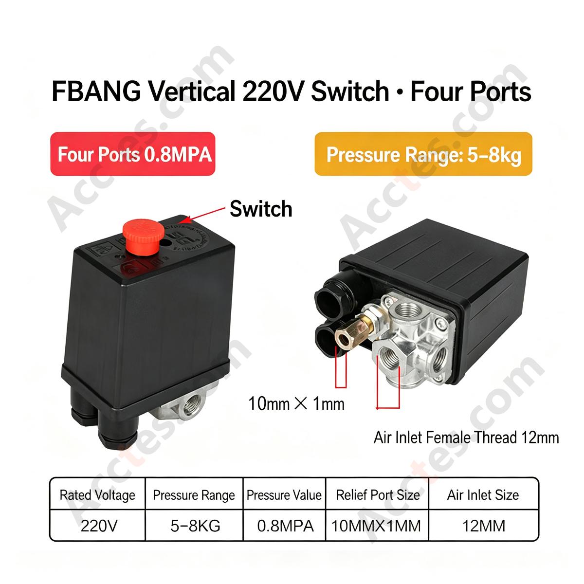 Universal Air Compressor Pressure Switch Vertical Four Way 10x1 Thread 8KG Pressure Control