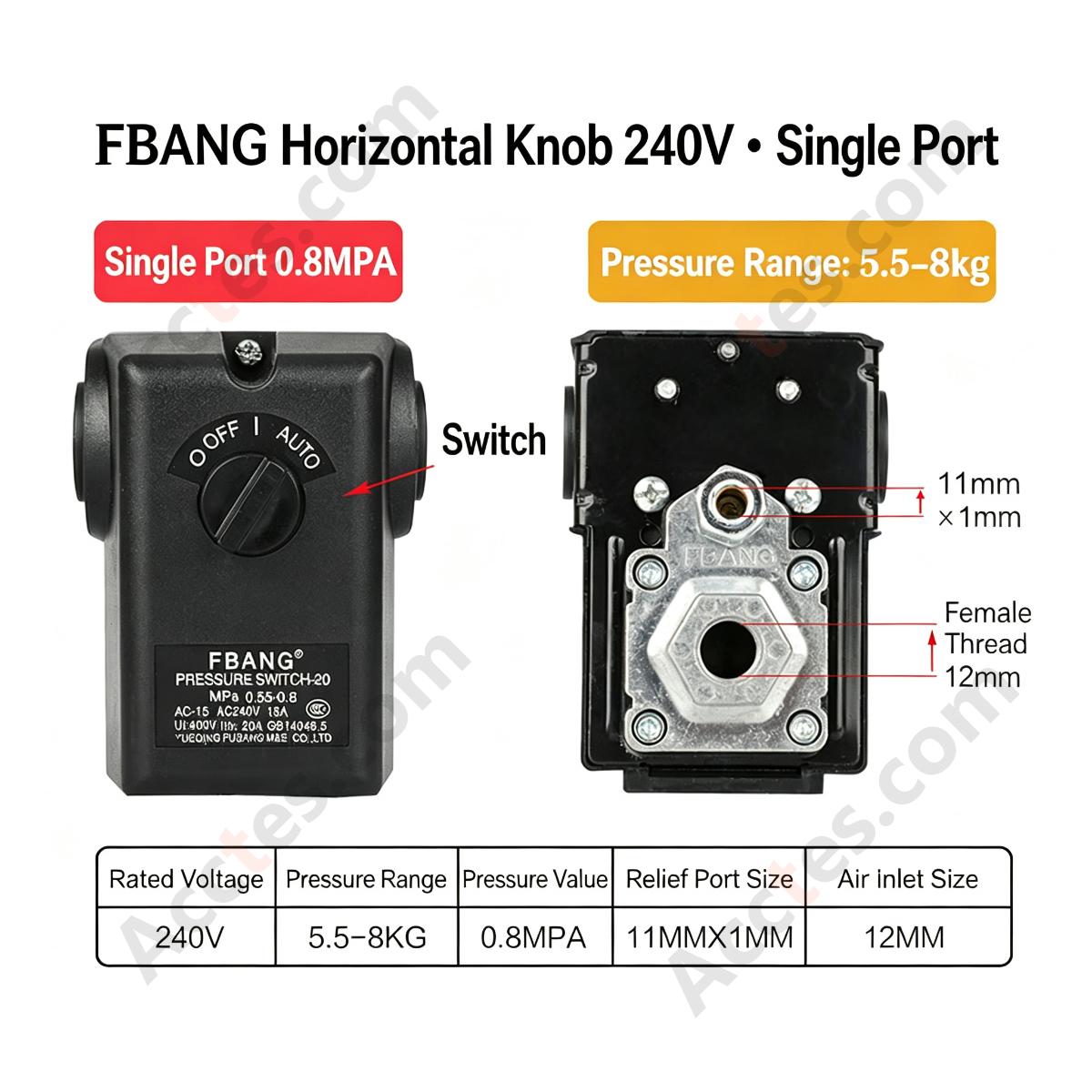 Universal Air Compressor Pressure Switch Horizontal Knob 8KG Pressure Control