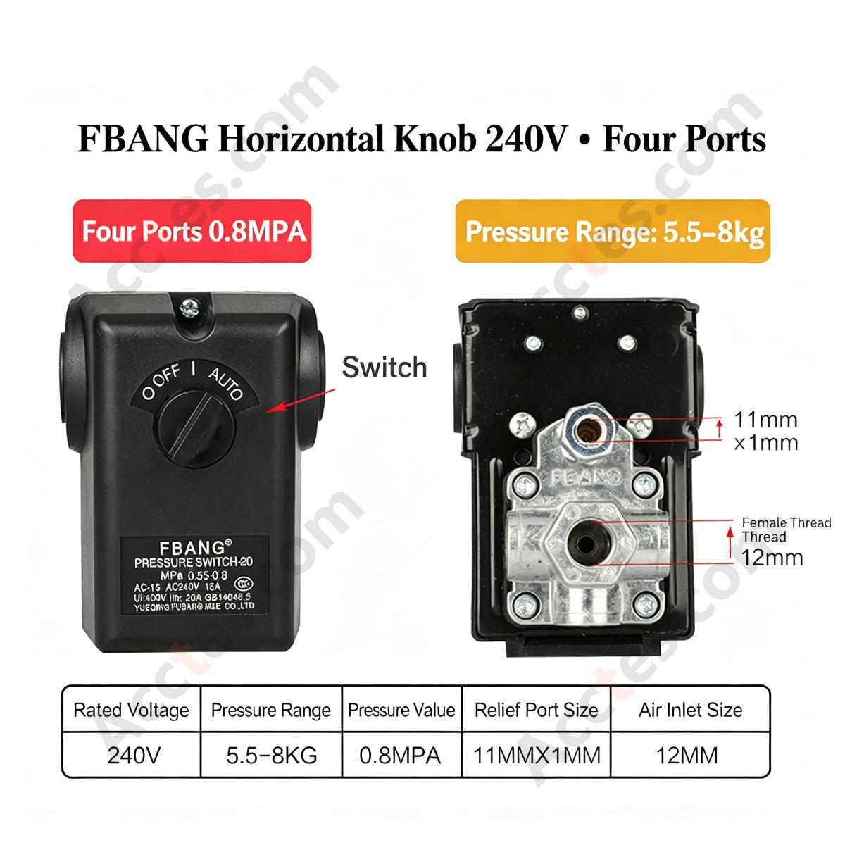 Universal Air Compressor Pressure Switch Horizontal Knob Four Way 8KG Pressure Control