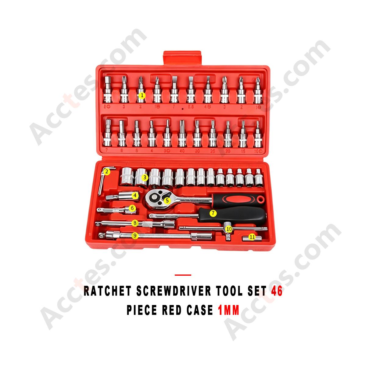 Auto Repair Ratchet Screwdriver Socket Wrench Tool Set 46 Piece Red Case