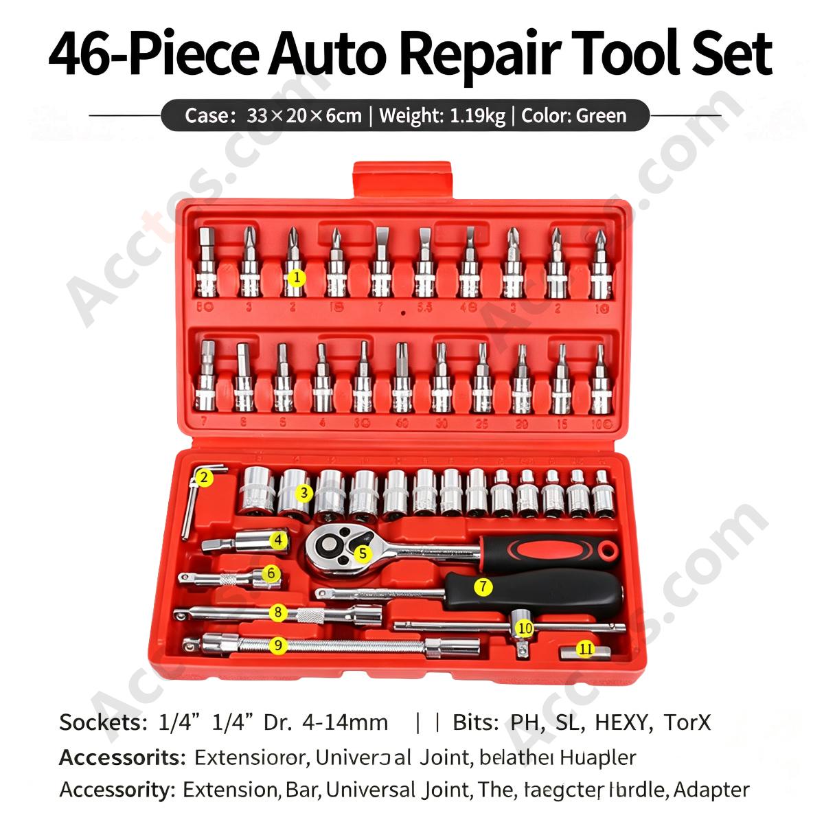 Auto Repair Ratchet Screwdriver Socket Wrench Tool Set 46 Piece Red Case