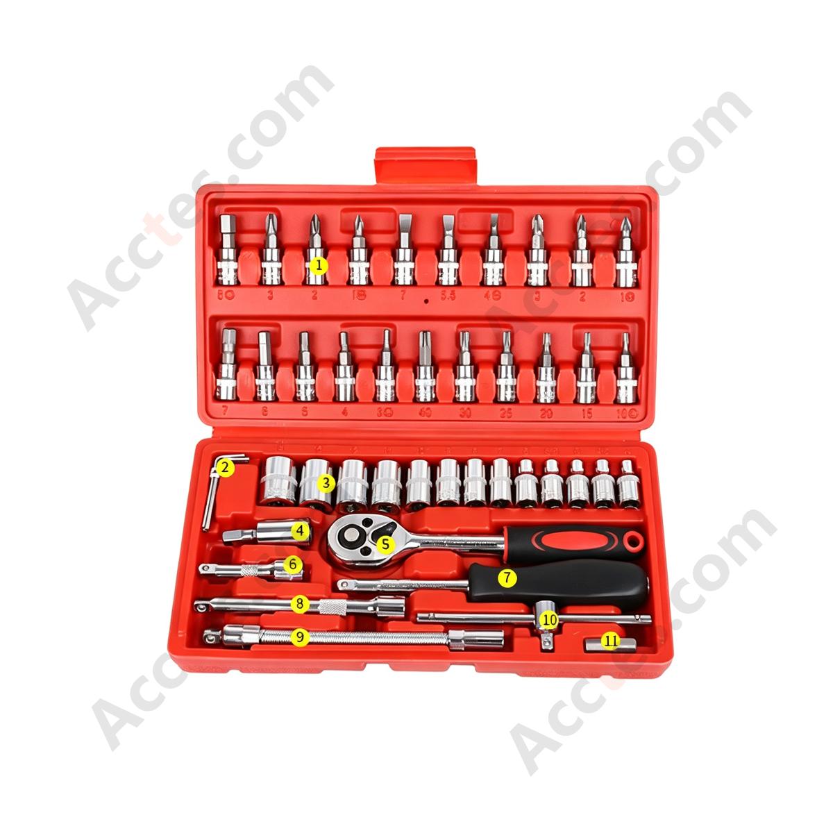 Auto Repair Ratchet Screwdriver Socket Wrench Tool Set 46 Piece Red Case