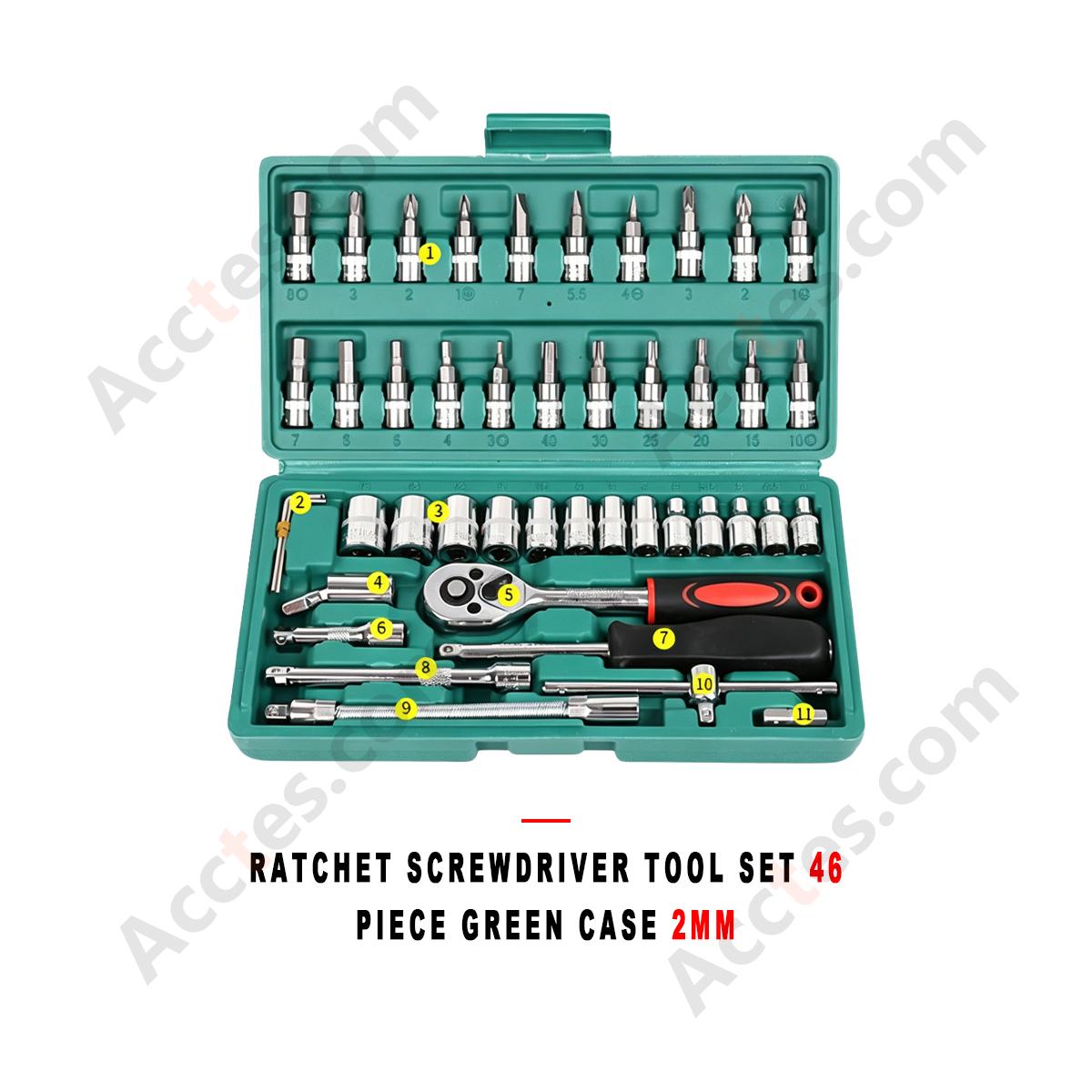 Auto Repair Ratchet Screwdriver Socket Wrench Tool Set 46 Piece Green Case