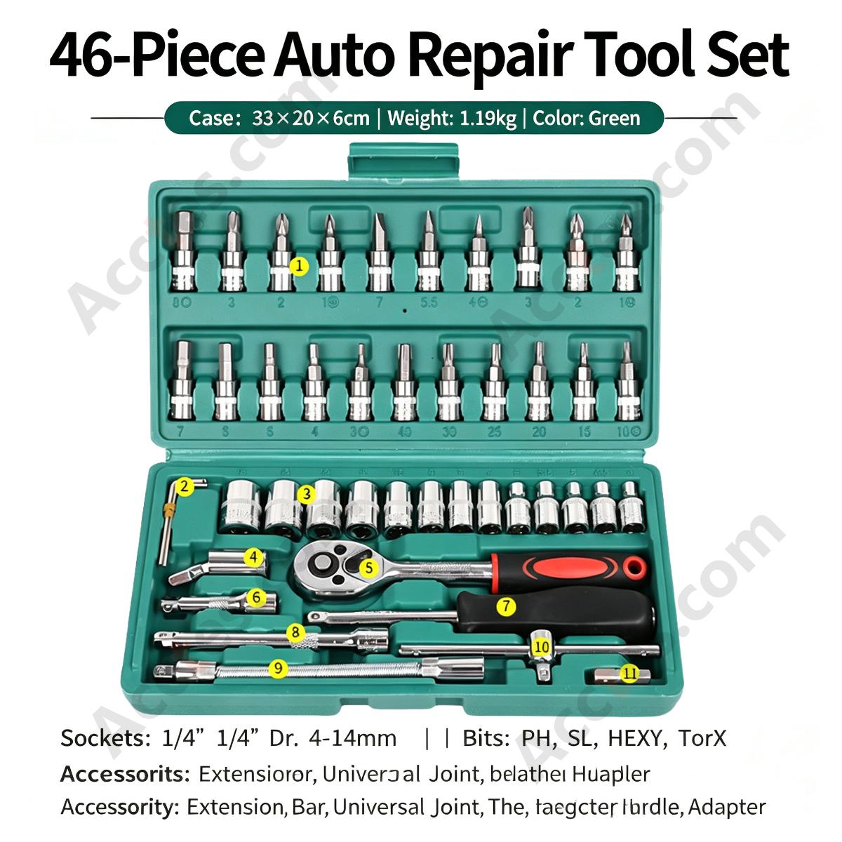 Auto Repair Ratchet Screwdriver Socket Wrench Tool Set 46 Piece Green Case