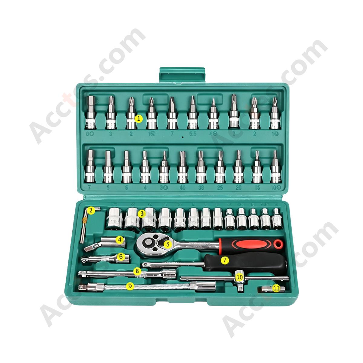 Auto Repair Ratchet Screwdriver Socket Wrench Tool Set 46 Piece Green Case